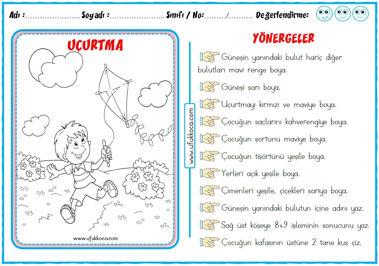 1.Sınıf Oku Anla Boya Etkinliği - Okuduğunu Anlama Yönergeli [ UÇURTMA ]